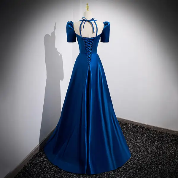 Vintage / Retro Royal Blue Satin Prom Dresses 2022 A-Line / Princess Square Neckline Bow Short Sleeve Backless Floor-Length / Long Prom Formal Dresses