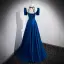 Vintage / Retro Royal Blue Satin Prom Dresses 2022 A-Line / Princess Square Neckline Bow Short Sleeve Backless Floor-Length / Long Prom Formal Dresses