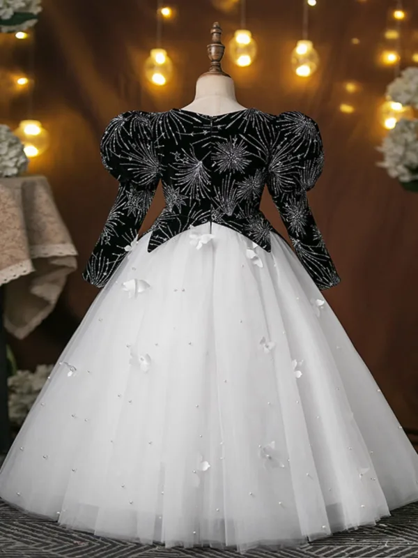 Vintage / Retro Black Glitter Birthday Flower Girl Dresses 2025 Ball Gown Square Neckline Puffy Long Sleeve Floor-Length / Long