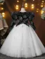 Vintage / Retro Black Glitter Birthday Flower Girl Dresses 2025 Ball Gown Square Neckline Puffy Long Sleeve Floor-Length / Long
