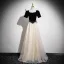 Elegant Black Pearl Rhinestone Sequins Prom Dresses 2026 A-Line / Princess Square Neckline Short Sleeve Backless