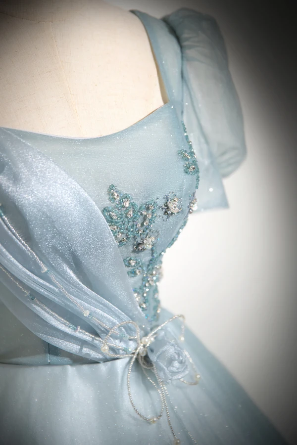 Elegant Sky Blue Beading Prom Dresses 2024 Ball Gown Square Neckline Short Sleeve Backless Floor-Length / Long Prom Formal Dresses