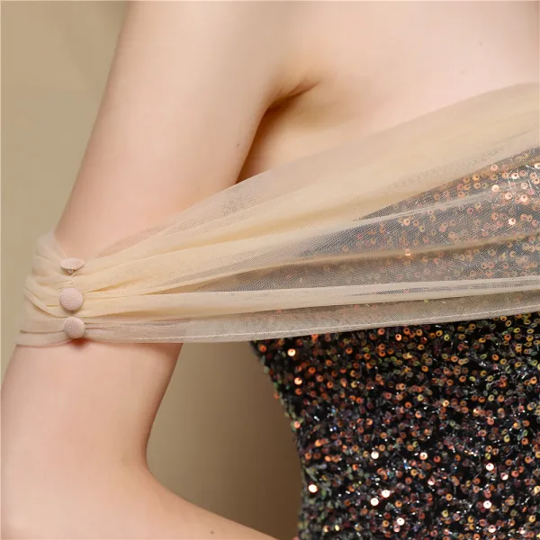 Charming Gold Sequins Evening Dresses 2022 Trumpet / Mermaid Off-The-Shoulder Sleeveless Backless Floor-Length / Long Evening Party Formal Dresses