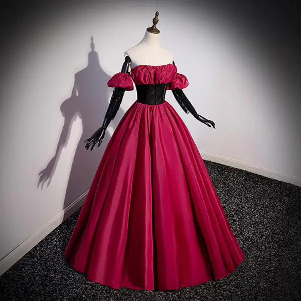 Elegant Burgundy Prom Dresses 2022 Ball Gown Strapless Sleeveless Backless Floor-Length / Long Prom Formal Dresses