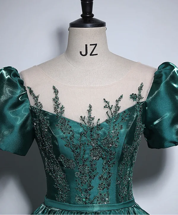 Vintage / Retro Dark Green Beading Lace Flower Prom Dresses 2024 Ball Gown Scoop Neck Puffy Short Sleeve Backless Floor-Length / Long Prom Formal Dresses