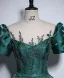 Vintage / Retro Dark Green Beading Lace Flower Prom Dresses 2024 Ball Gown Scoop Neck Puffy Short Sleeve Backless Floor-Length / Long Prom Formal Dresses