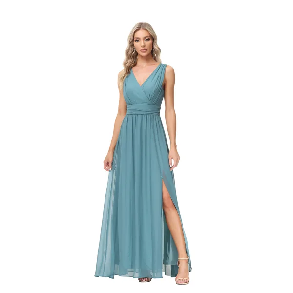 Modest / Simple Pool Blue Split Front Bridesmaid Dresses 2023 A-Line / Princess Chiffon V-Neck Sleeveless Backless Floor-Length / Long Bridesmaid Dresses
