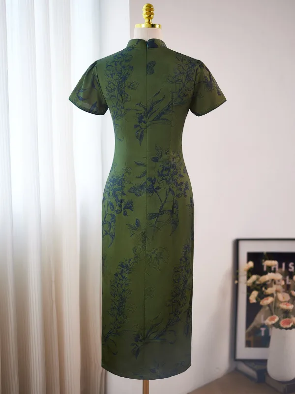 Vintage / Retro Chinese style Dark Green Summer Printing Cheongsam 2024 Trumpet / Mermaid High Neck Short Sleeve Tea-length
