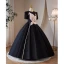 Élégant Noire Perle Robe De Bal 2023 Robe Boule Satin Encolure Dégagée Manches Courtes Dos Nu Longue Promo Robe De Ceremonie