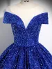 Sparkly Royal Blue Beading Sequins Prom Dresses 2024 Ball Gown Off-The-Shoulder Short Sleeve Backless Floor-Length / Long Prom Formal Dresses