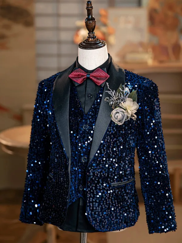 Navy Blue Sequins 6-piece Long Sleeve Wedding Boys Wedding Suits 2024 Body Jewellery Coat Pants Shirt Tie Vest