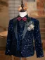 Navy Blue Sequins 6-piece Long Sleeve Wedding Boys Wedding Suits 2024 Body Jewellery Coat Pants Shirt Tie Vest