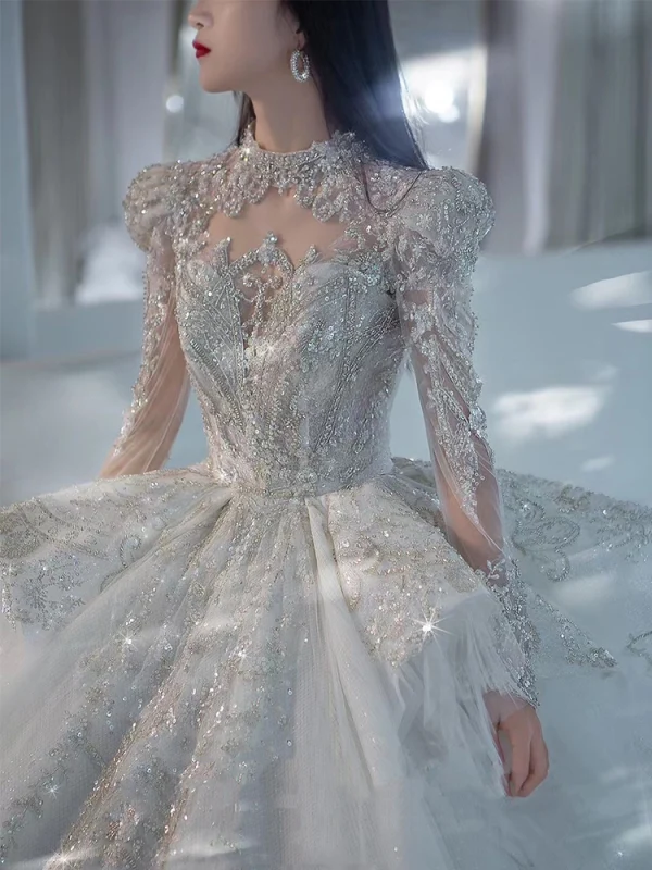 Luxury / Gorgeous White Beading Rhinestone Sequins Wedding Dresses 2024 Ball Gown High Neck Long Sleeve Backless Royal Train Wedding