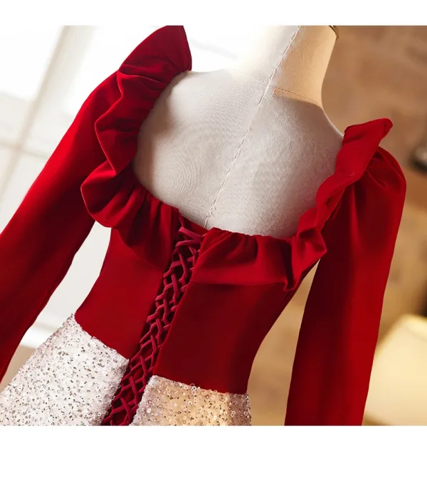 Chic / Belle Bordeaux Paillettes Robe De Bal 2024 Princesse Encolure Carrée Manches Longues Dos Nu Longue Promo Robe De Ceremonie