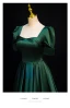 Vintage / Retro Dark Green Satin Prom Dresses 2024 A-Line / Princess Square Neckline Short Sleeve Backless Floor-Length / Long Prom Formal Dresses