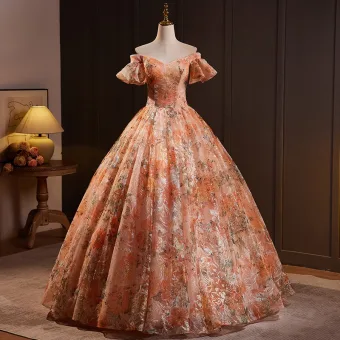 Chic Beautiful Orange Sequins Prom Dresses 2024 Ball Gown Off The Shoulder Short Sleeve Backless Floor Length Long Prom Formal Dresses