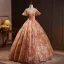 Chic / Beautiful Orange Sequins Prom Dresses 2024 Ball Gown Off-The-Shoulder Short Sleeve Backless Floor-Length / Long Prom Formal Dresses