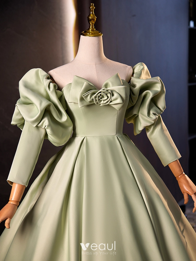 Elegant Sage Green Satin Prom Dresses 2023 Ball Gown Strapless Puffy Short Sleeve Backless Bow Sweep Train Formal Dresses Elegant Sage Green Satin Prom Dresses 2023 Ball Gown Strapless Puffy Short Sleeve Backless Bow Sweep Train Formal Dresses