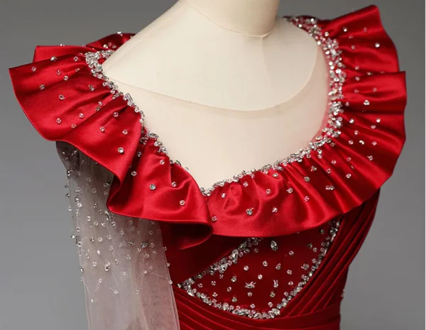 Vintage / Retro Red Rhinestone Prom Dresses 2025 Ball Gown Scoop Neck 1/2 Sleeves Backless Floor-Length / Long Formal Dresses