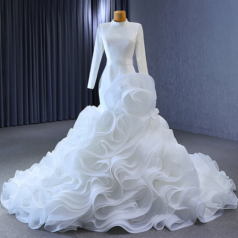 Muslim White Cascading Ruffles Wedding Dresses 2023 Trumpet Mermaid High Neck Long Train