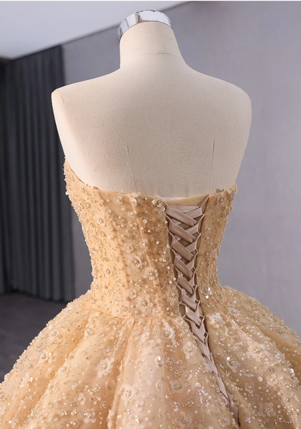 High-end Bling Bling Gold Beading Sequins Pearl Prom Dresses 2024 Ball Gown Strapless Sleeveless Backless Sweep Train Prom Formal Dresses