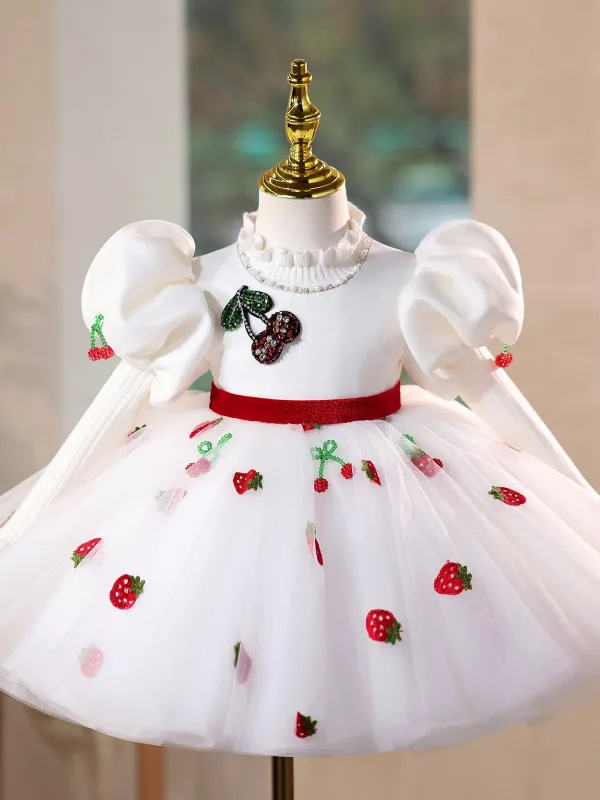 Chic / Belle Blanche Fraise Anniversaire Courte Robe Ceremonie Fille 2025 Robe Boule Encolure Dégagée Gonflée Manches Courtes Noeud Ceinture