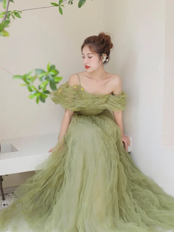 Fashion Sage Green Sequins Ruffle Prom Dresses 2025 A-Line / Princess Off-The-Shoulder Short Sleeve Backless Floor-Length / Long Prom Formal Dresses