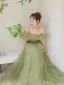 Fashion Sage Green Sequins Ruffle Prom Dresses 2025 A-Line / Princess Off-The-Shoulder Short Sleeve Backless Floor-Length / Long Prom Formal Dresses