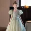 Chic / Beautiful Sage Green Pearl Lace Flower Birthday Flower Girl Dresses 2024 Ball Gown Scoop Neck Puffy Short Sleeve Backless Floor-Length / Long Flower Girl Dresses