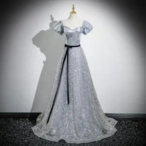 Sparkly Silver Sequins Bow Sash Prom Dresses 2024 A Line Princess Square Neckline Short Sleeve Backless Floor Length Long Prom Formal Dresses