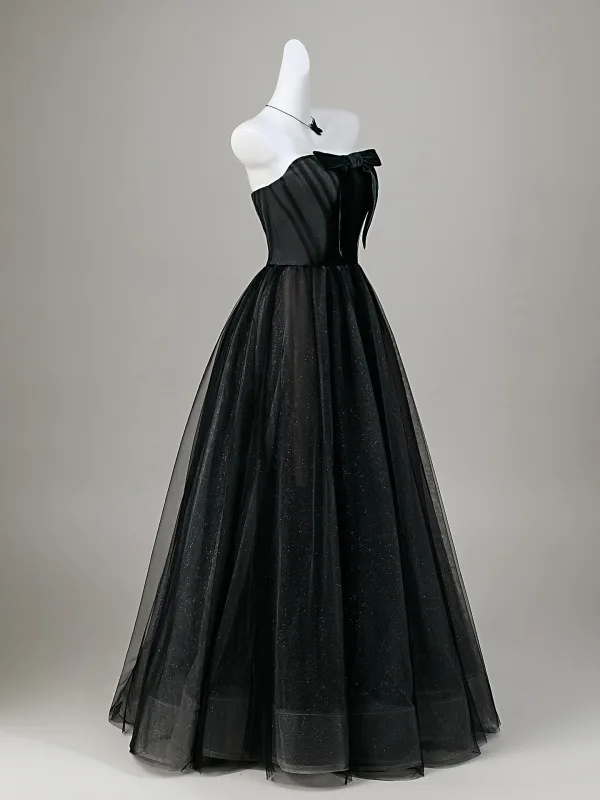 Fashion Black Bow Glitter Party Dresses 2026 Crossed Straps A-Line / Princess Strapless Sleeveless Backless Floor-Length / Long Cocktail Party Evening Party Formal Dresses