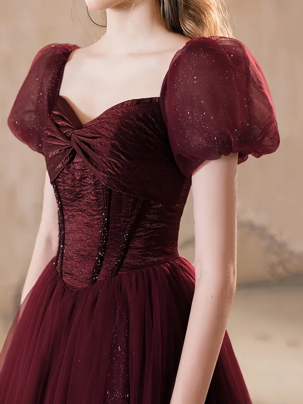 Chic / Beautiful Burgundy Glitter Prom Dresses 2024 A-Line / Princess Square Neckline Puffy Short Sleeve Backless Floor-Length / Long Prom Formal Dresses