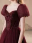 Elegant Burgundy Sequins Prom Dresses A-Line / Princess 2025 Square Neckline Puffy Short Sleeve Backless Floor-Length / Long Prom Formal Dresses