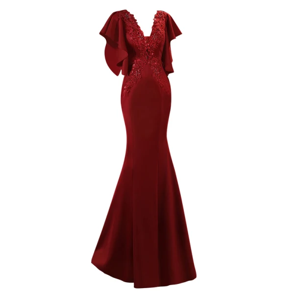 Charming Burgundy Beading Lace Flower Satin Evening Dresses 2022 Trumpet / Mermaid V-Neck Short Sleeve Backless Floor-Length / Long Prom Formal Dresses