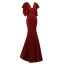 Charming Burgundy Beading Lace Flower Satin Evening Dresses 2022 Trumpet / Mermaid V-Neck Short Sleeve Backless Floor-Length / Long Prom Formal Dresses