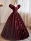 Vintage / Retro Burgundy Printing Prom Dresses 2023 Ball Gown V-Neck Puffy Short Sleeve Backless Floor-Length / Long Prom Formal Dresses