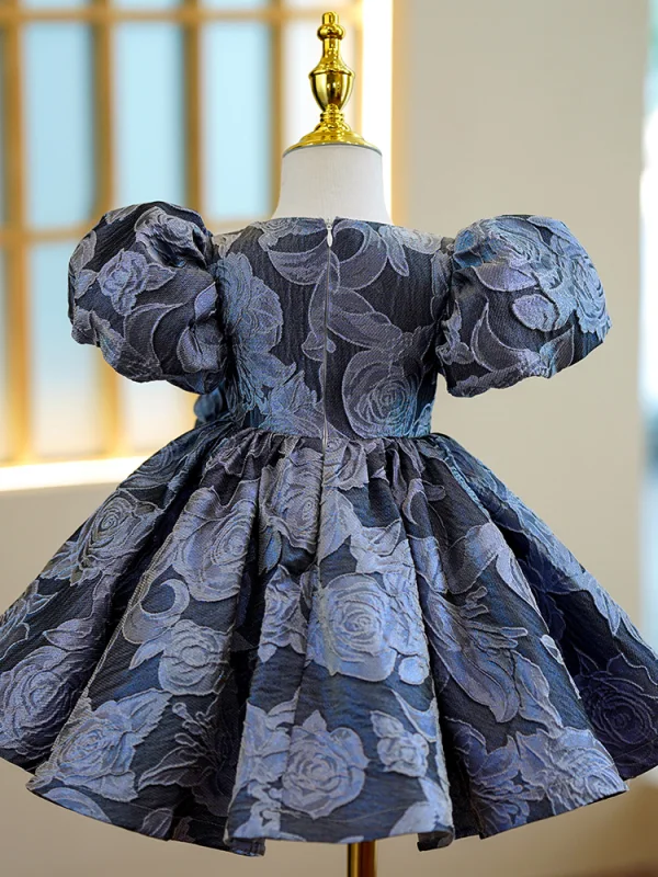 Vintage / Retro Navy Blue Flower Birthday Short Flower Girl Dresses 2022 Ball Gown Scoop Neck Puffy Short Sleeve Flower Girl Dresses
