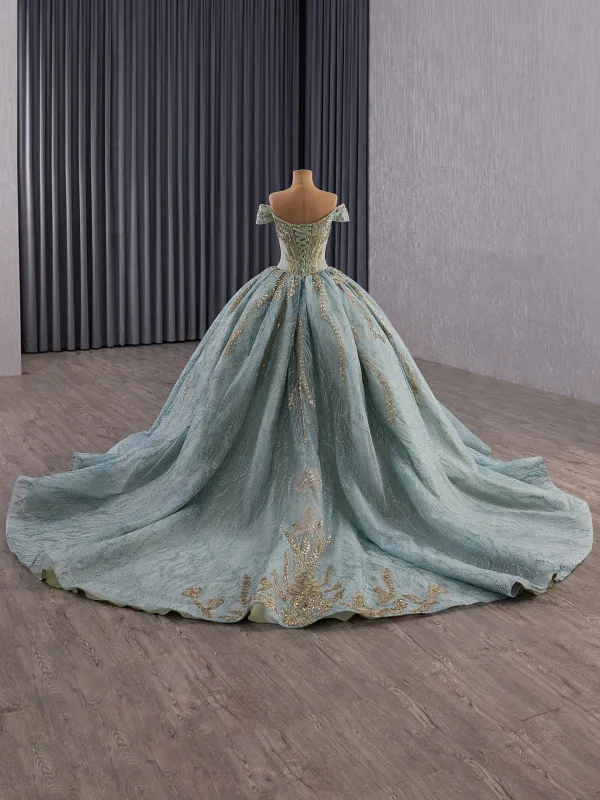 Luxury / Gorgeous Mint Green Handmade  Beading Sequins Prom Dresses 2025 Ball Gown Off-The-Shoulder Short Sleeve Backless Chapel Train Formal Dresses