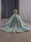Luxury / Gorgeous Mint Green Handmade  Beading Sequins Prom Dresses 2025 Ball Gown Off-The-Shoulder Short Sleeve Backless Chapel Train Formal Dresses