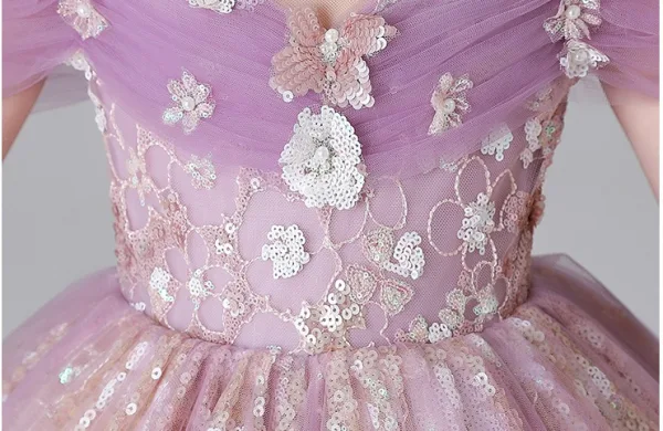 Chic / Beautiful Lavender Pearl Sequins Lace Flower Birthday Flower Girl Dresses 2025 Ball Gown Scoop Neck Short Sleeve Floor-Length / Long