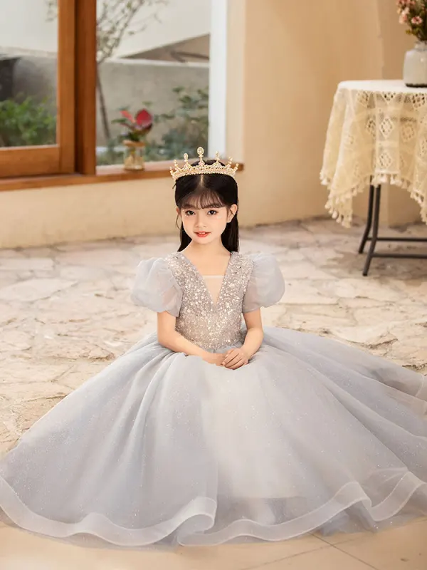 Chic / Beautiful Grey Beading Sequins Birthday Flower Girl Dresses 2022 A-Line / Princess V-Neck Puffy Short Sleeve Floor-Length / Long