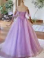 Elegant Lavender Pearl Lace Flower Appliques Prom Dresses 2024 Ball Gown Off-The-Shoulder Sleeveless Backless Floor-Length / Long Prom Formal Dresses