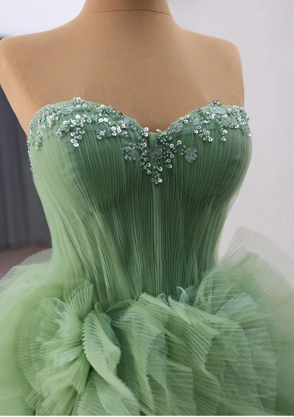 High-end Sage Green Cascading Ruffles Beading Sequins Prom Dresses 2025 Ball Gown Strapless Sleeveless Backless Chapel Train Prom Formal Dresses