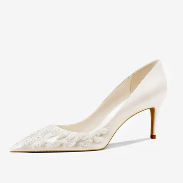 Eleganta Elfenben Läder Paljetter Brudskor 2022 8 Cm Stilettklackar Spetsiga Bröllop Pumps Högklackade