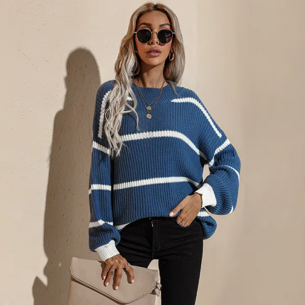 Chic / Beautiful Women White Knitting Stripe Sweaters 2021 Acrylic Loose Scoop Neck Casual Fall Winter Long Sleeve Tops