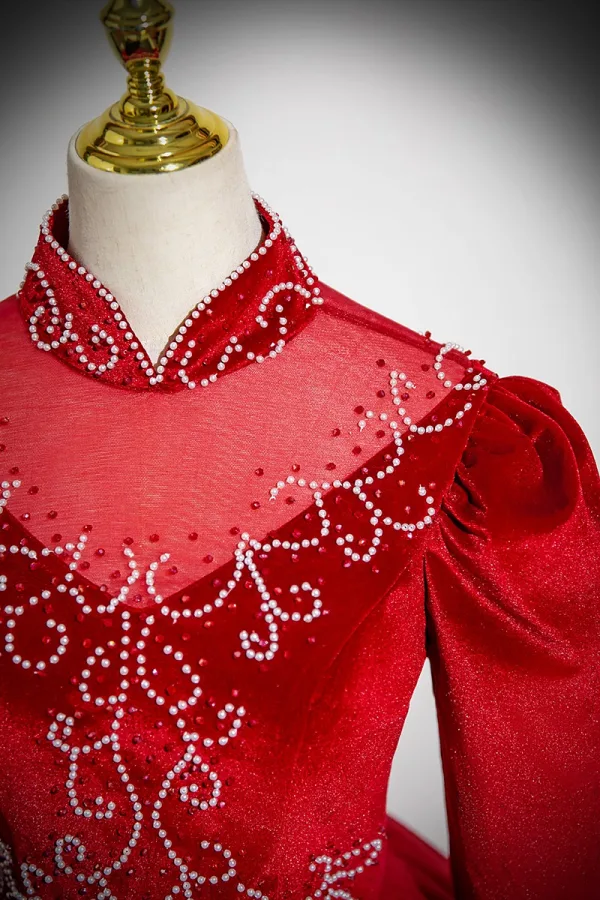 Vintage / Retro Burgundy Beading Prom Dresses 2025 Ball Gown High Neck 3/4 Sleeve Backless Floor-Length / Long Prom Formal Dresses