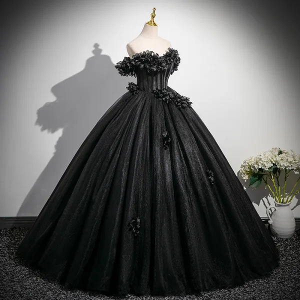 Elegant Black Appliques Prom Dresses 2025 Ball Gown Off-The-Shoulder Short Sleeve Backless Floor-Length / Long Formal Dresses