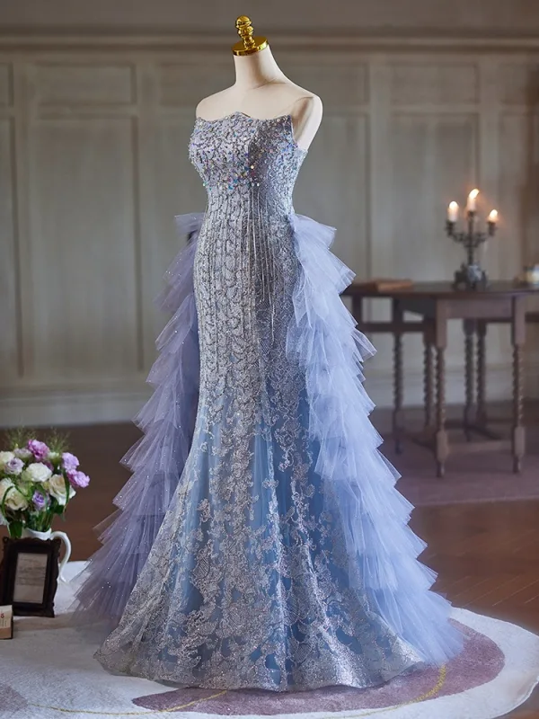 Haut de Gamme Bleu Ciel Perlage Paillettes Volants en Cascade Robe De Soirée 2024 Trompette / Sirène Bustier Sans Manches Dos Nu Longue Soirée Robe De Ceremonie