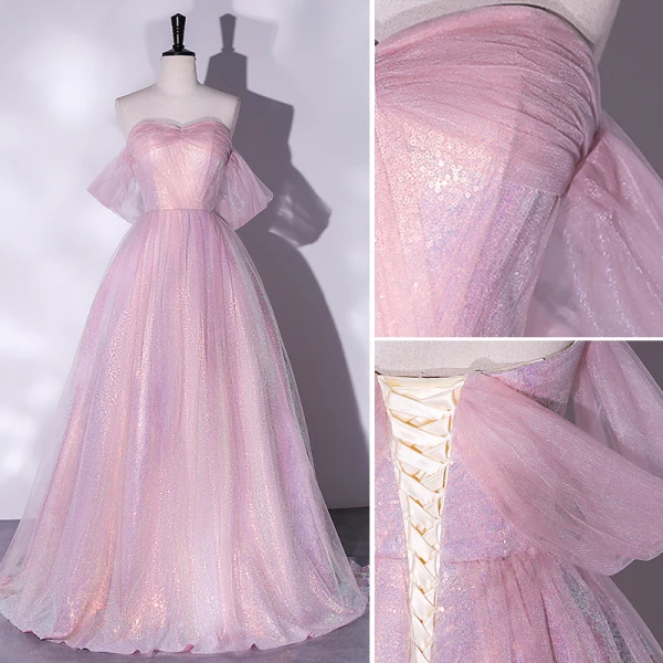 Charming Glitter Candy Pink Evening Dresses 2022 A-Line / Princess Strapless Sleeveless Backless Floor-Length / Long Evening Party Formal Dresses