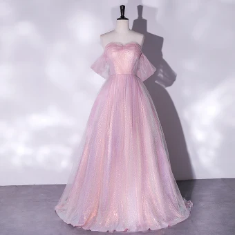 Charming Glitter Candy Pink Evening Dresses 2022 A Line Princess Strapless Sleeveless Backless Floor Length Long Evening Party Formal Dresses